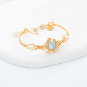 Aquamarine Natural Gemstone Handwork Golden Thread Knit Pearl Bracelet