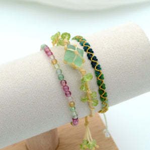 Set of Three Fluorite Gem Colorful Aquamarine Hand-Woven Bracelet