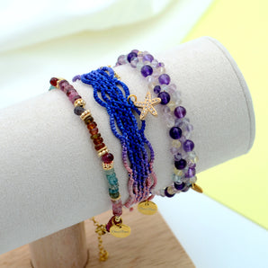 3 Piece Stacked Amethyst Aquamarine Hand woven wristbands Bracelet Set
